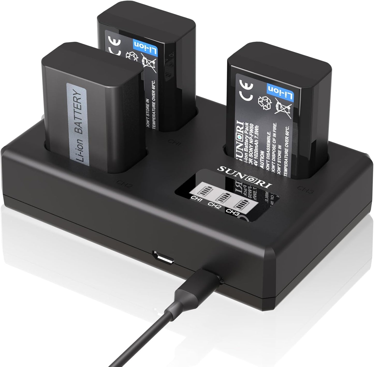 3-Pack NP-FW50 Battery and 3-Slot Charger for Sony Cameras