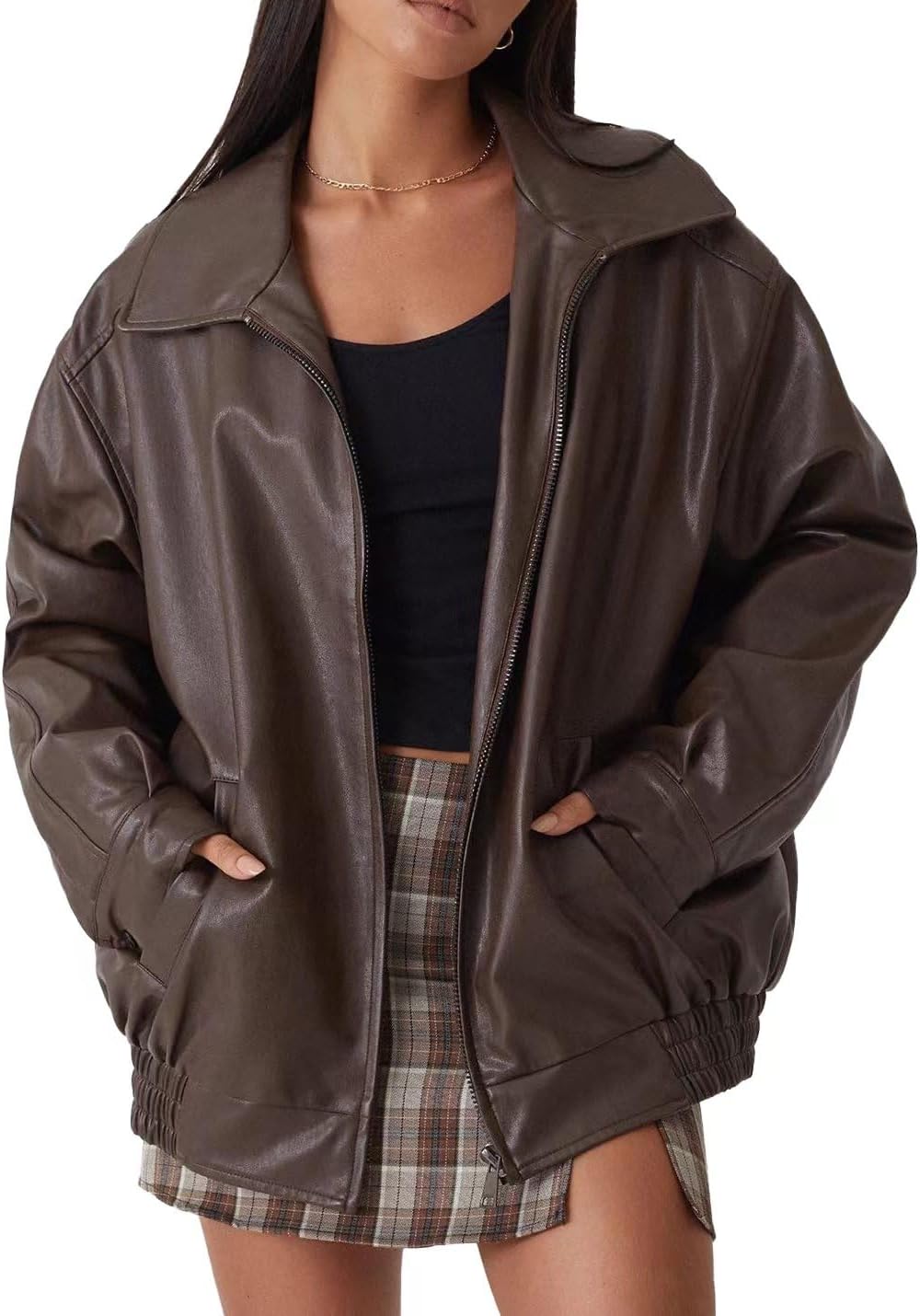 Womens Oversized Faux Leather Motorcycle Jacket with Pockets