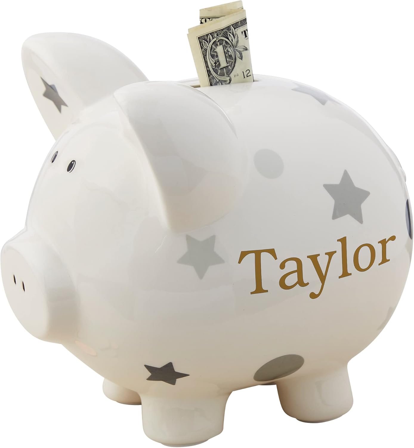 Personalized Baby Grey Polka Dots & Stars Piggy Bank for Kids