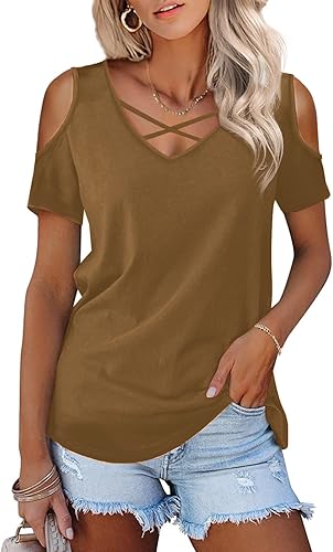 Amoretu Womens Summer Shirts V Neck Criss Cross Cold Shoulder Tops