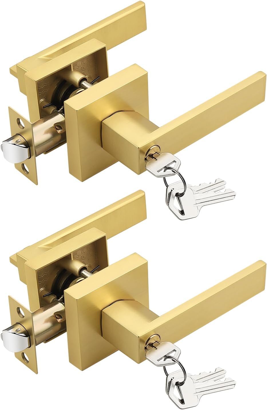 Brushed Gold Entry Door Levers with Lock and Key for Security