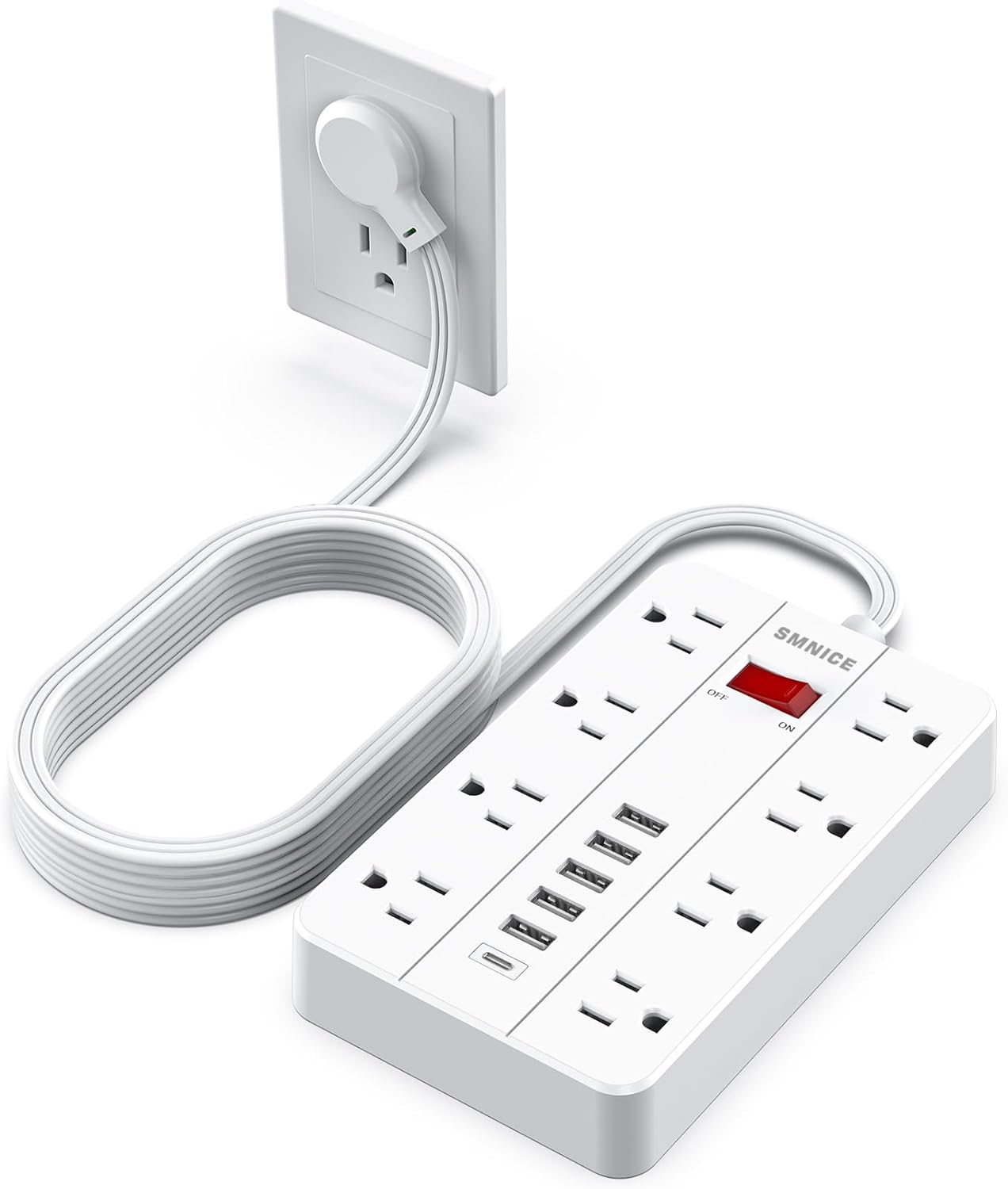 SMNICE Surge Protector: 10Ft Cord, 8 Outlets, 6 USB, Wall Mount