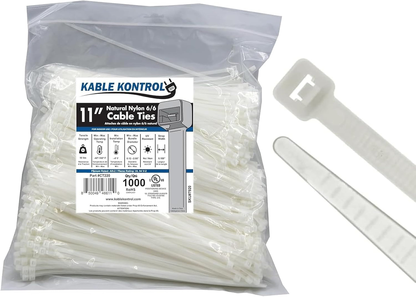 Kable Kontrol 11 Inch Natural White Cable Zip Ties for All Uses