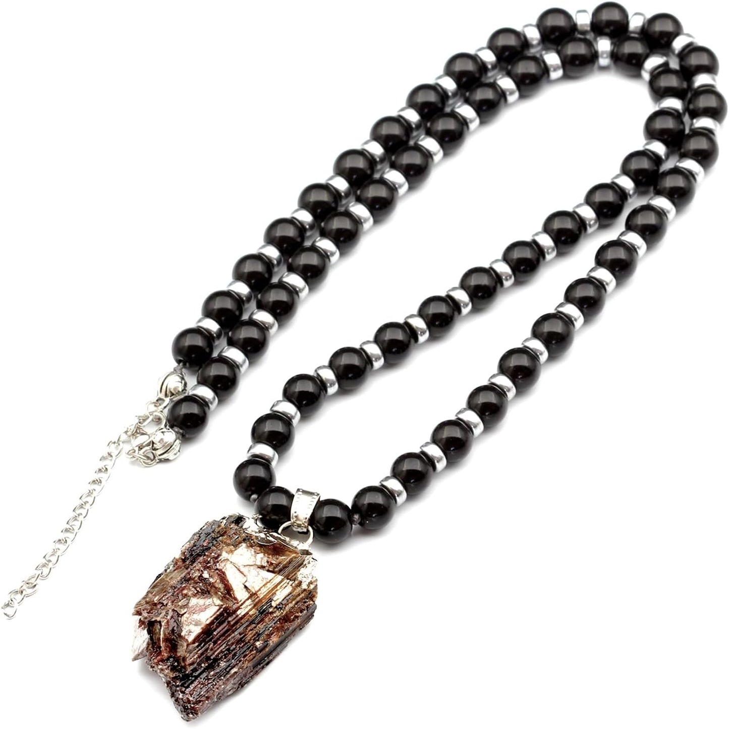Natural Raw Tourmaline Pendant with Black Onyx Beaded Necklace