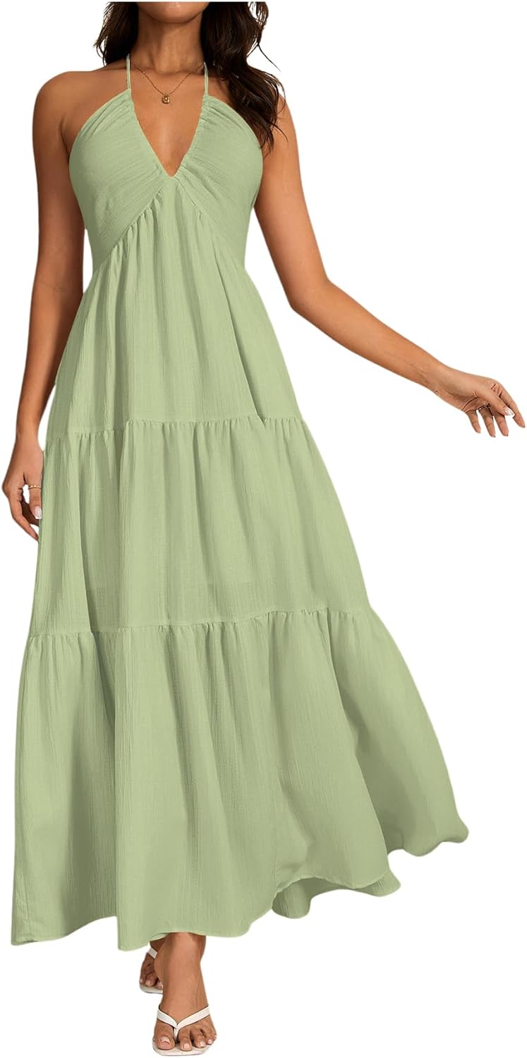 OYOANGLE Women's V Neck Tie Backless Halter Dress for Weddings