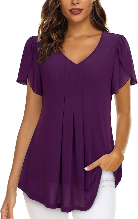 VALOLIA Womens Casual V Neck Blouse Double Layers Mesh Tunics