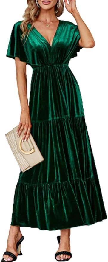 Amegoya Women's Casual Short Sleeve V Neck Floral Maxi Dress