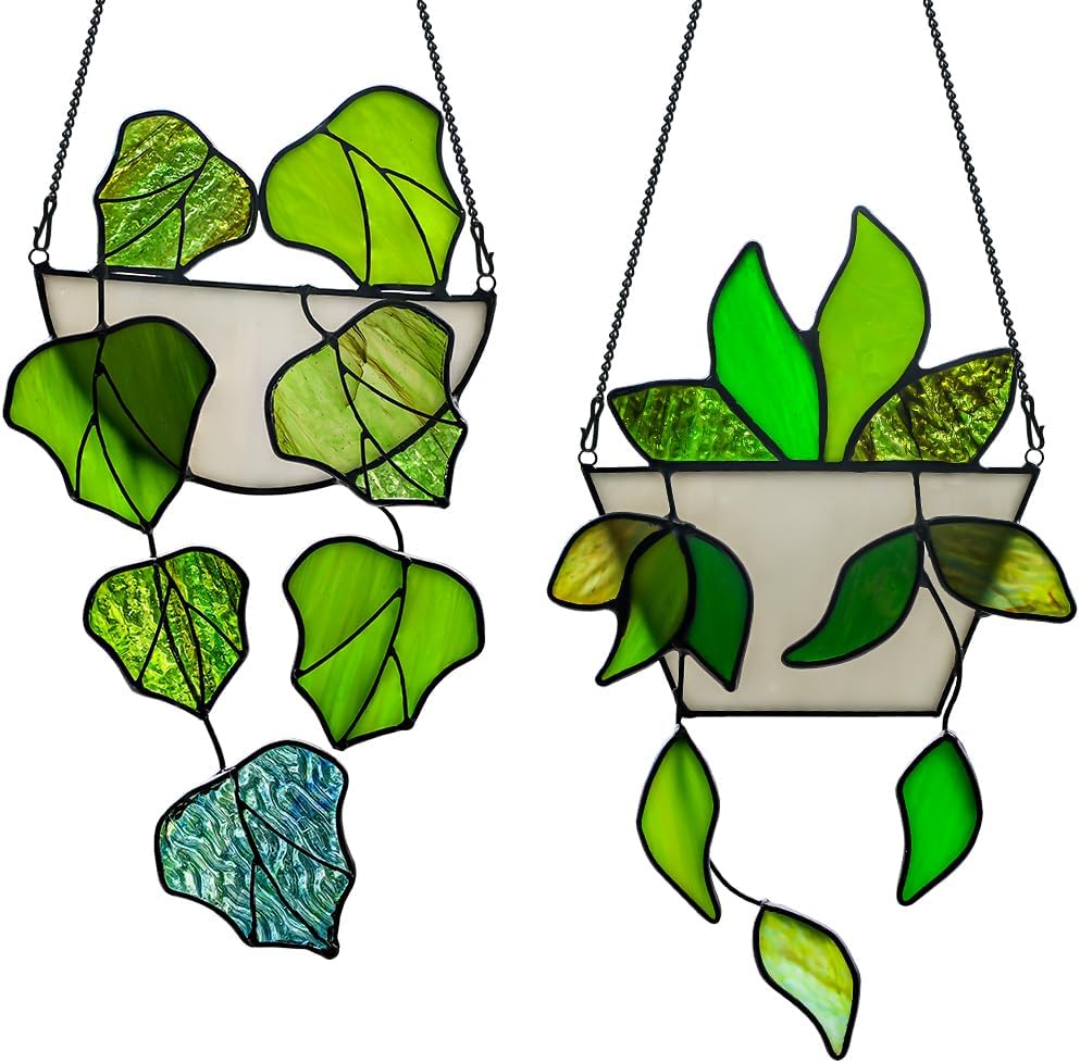 Green Plant Decor Stained Glass Window Hanging for Home