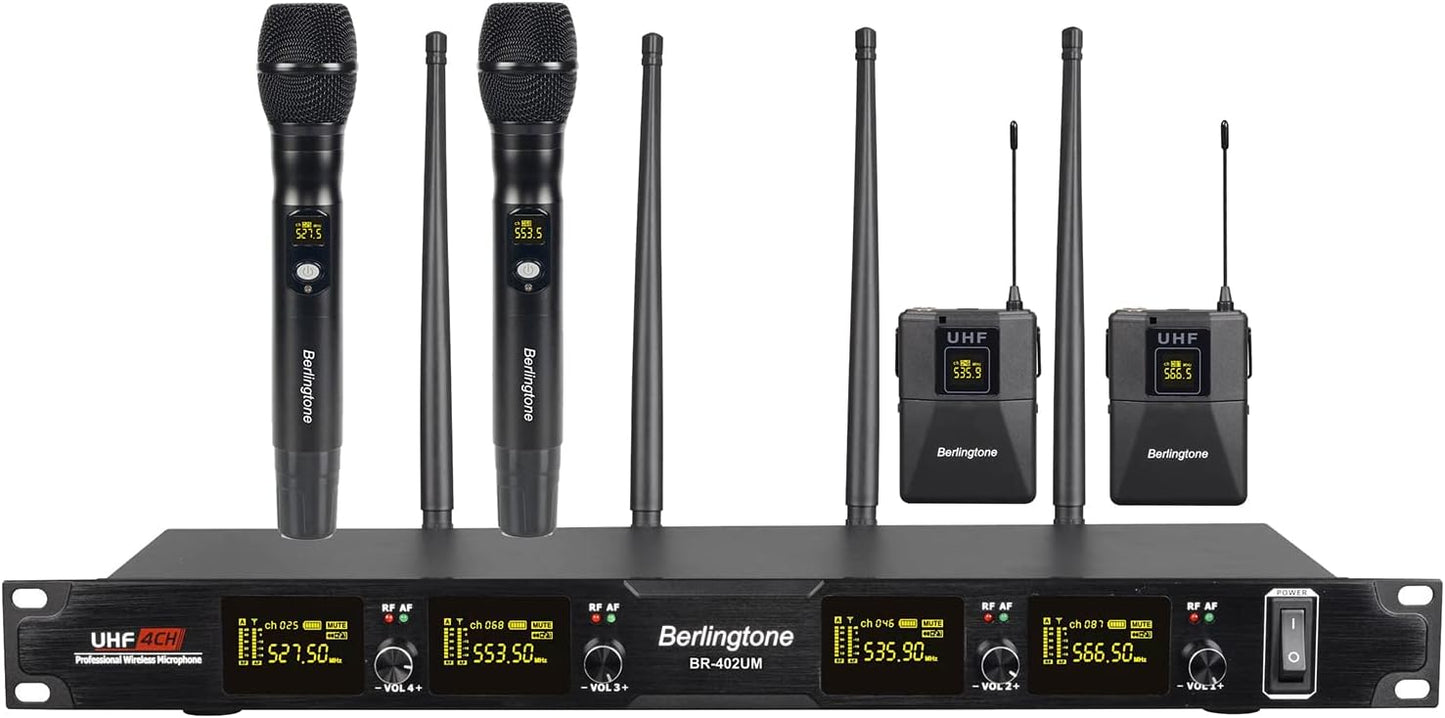 Berlingtone 4-Ch UHF Wireless Mic System, 260 Ft Range