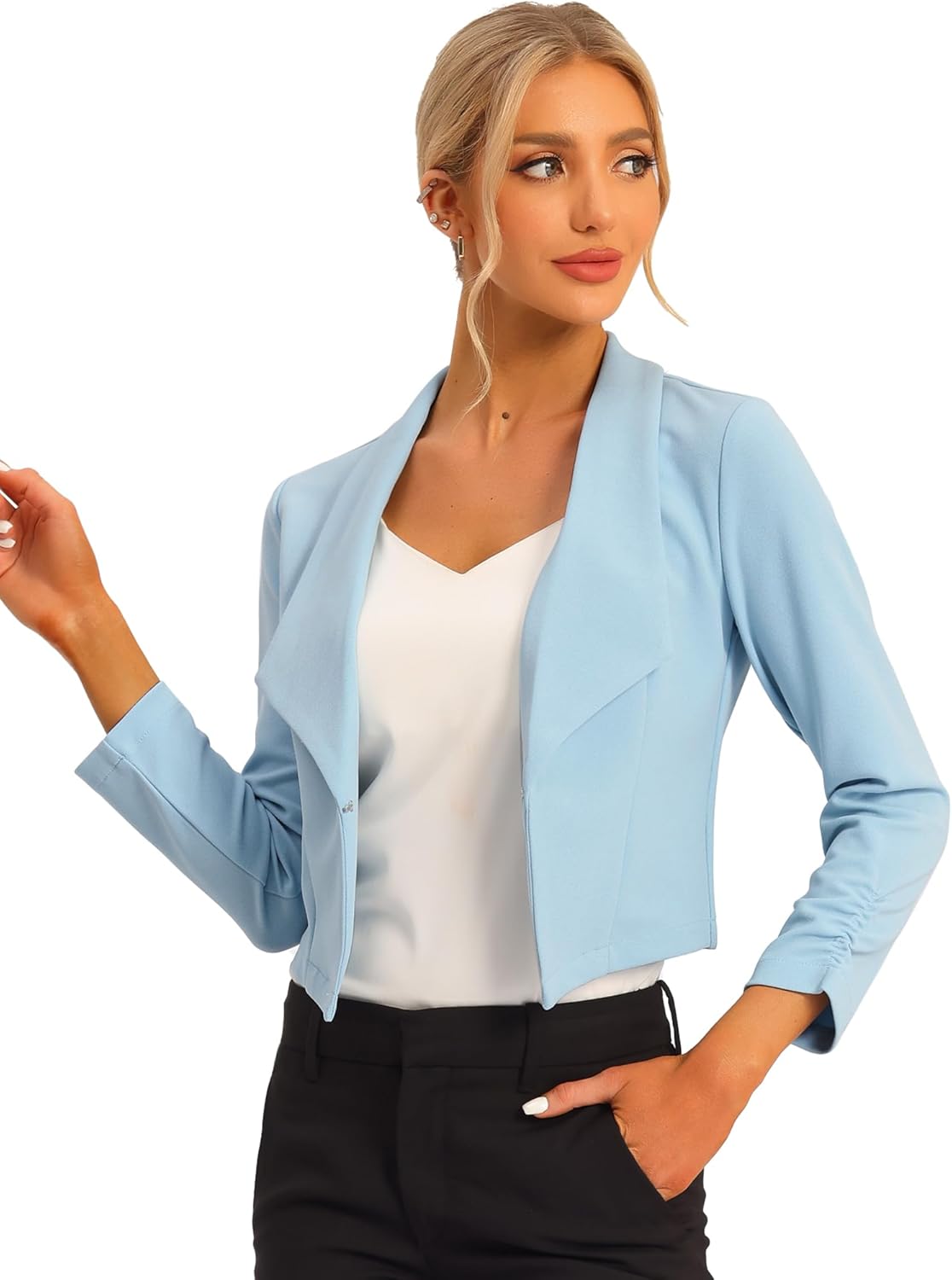 Allegra K Women's Notched Lapel Ruched Sleeve Cropped Blazer