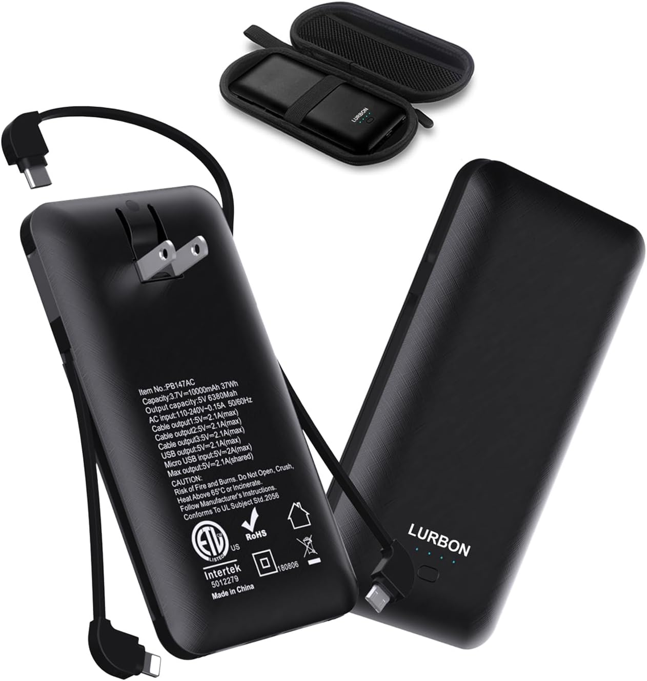 LURBON 10000mAh Slim Power Bank | Built-in AC Plug | 3-in-1 Cable