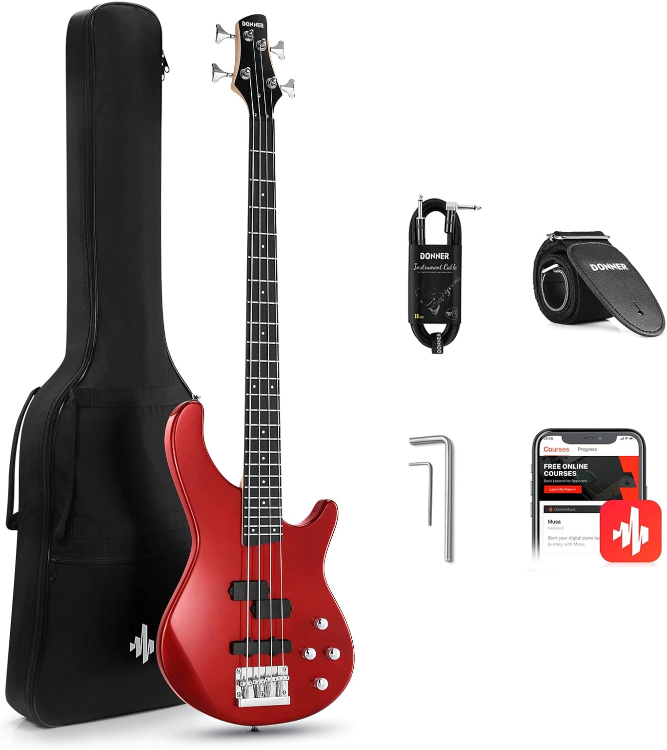 Donner 4-String Electric Bass Guitar Bundle - Red