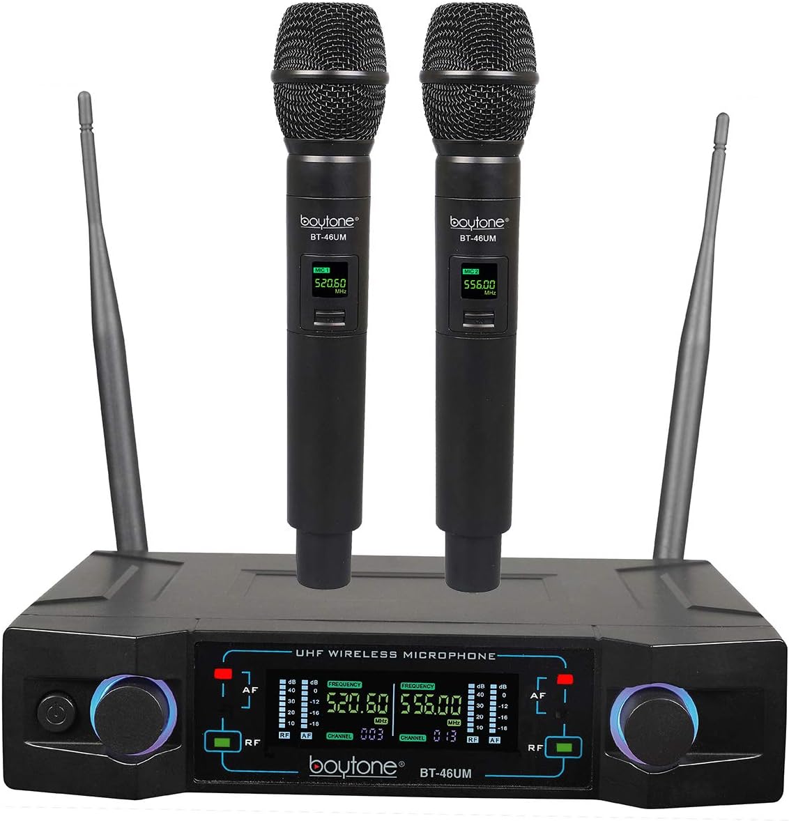 Boytone Dual UHF Wireless Mic: 200Ft Range, 16Hr Battery, Aluminum Case