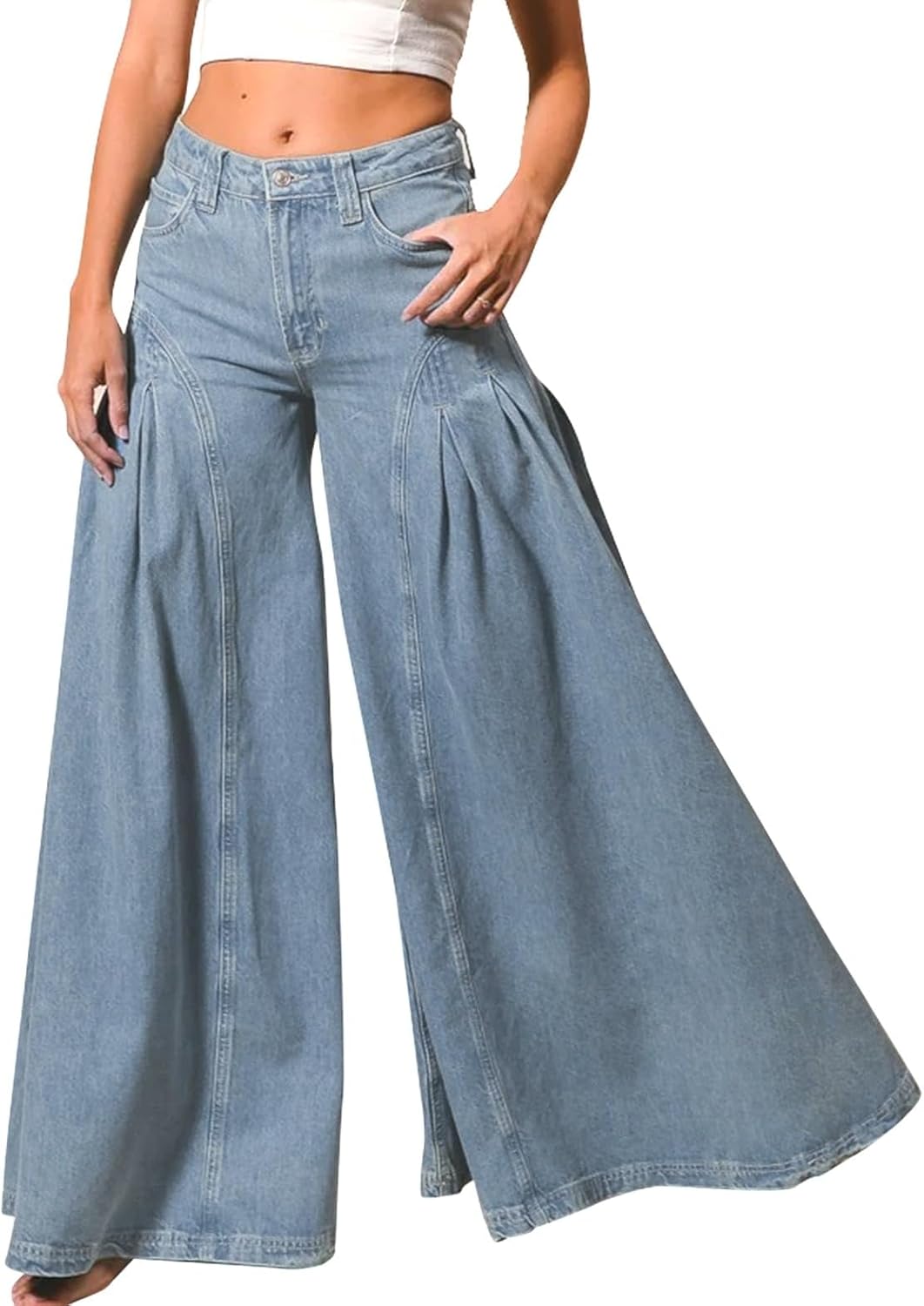 Women Bell Bottom Jeans High Waist Stretch Wide Leg Baggy Flared
