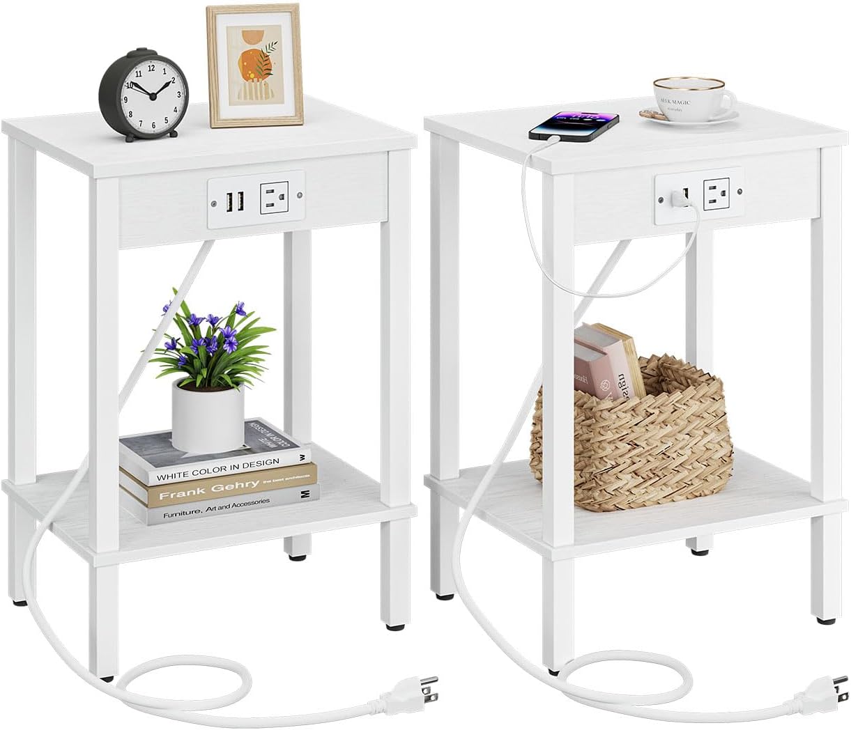 Set of 2 End Tables with Charging Station for Small Spaces