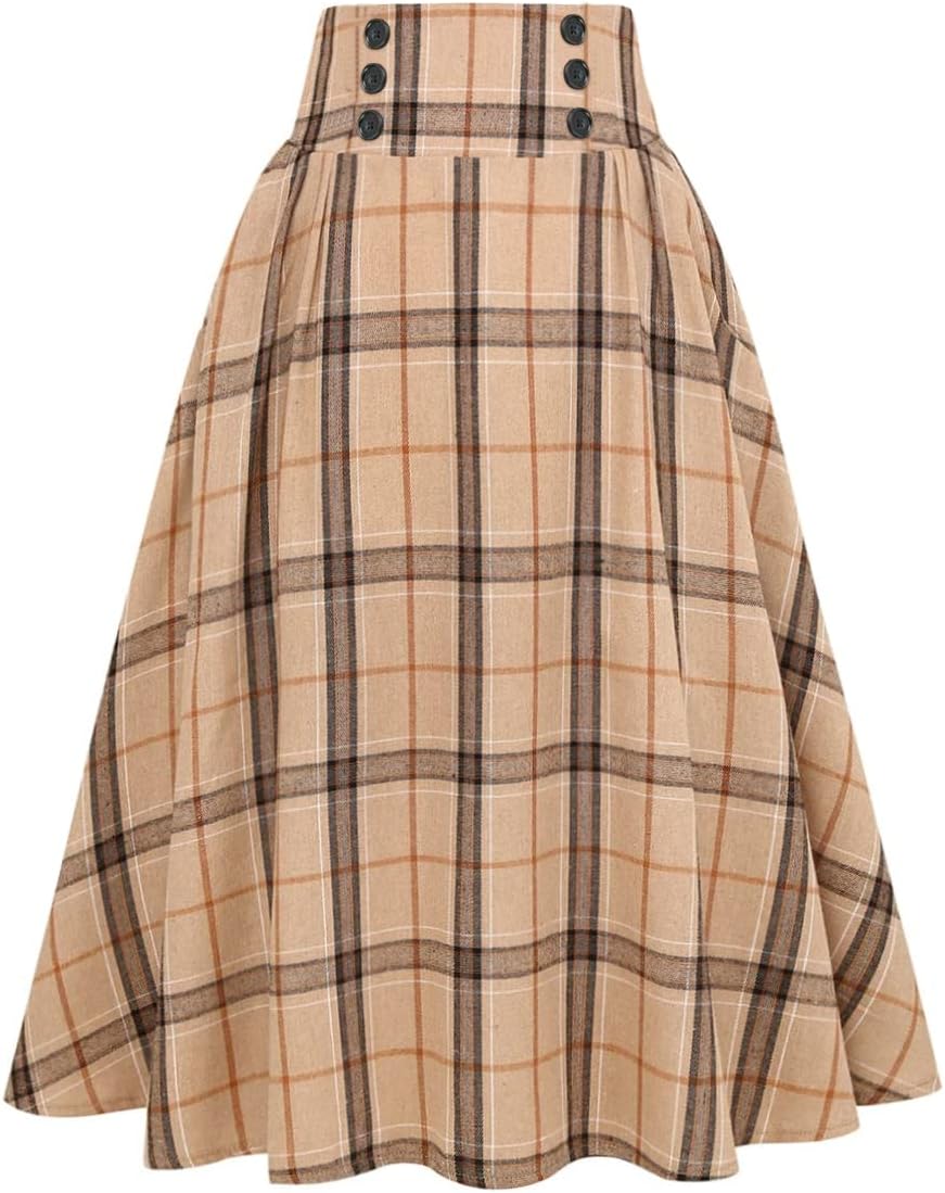 Plaid Midi Skirt for Women High Waist Aline Pleated Style