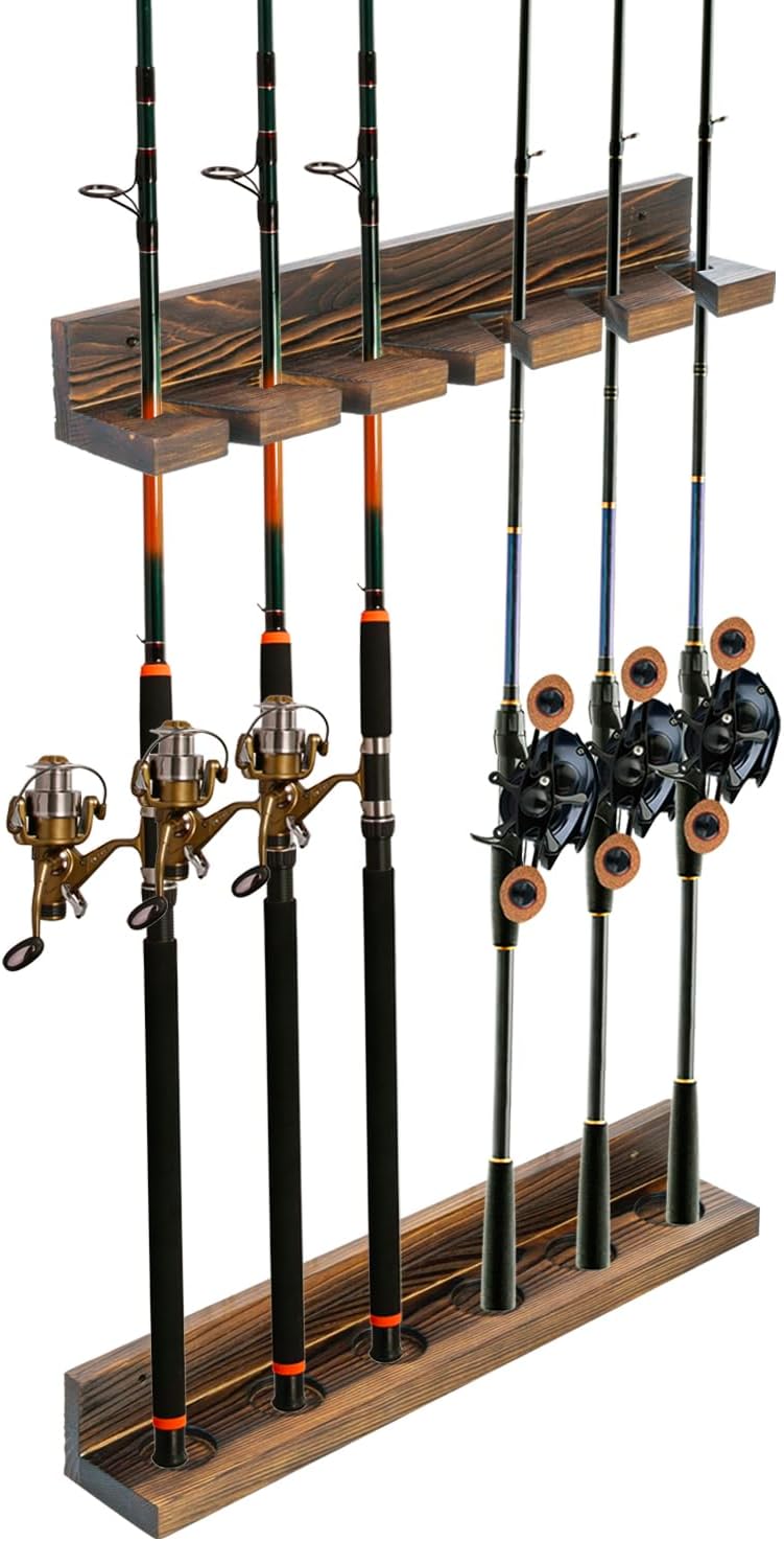 Rustic Wood Fishing Pole Hanger: Organize 6 Rods