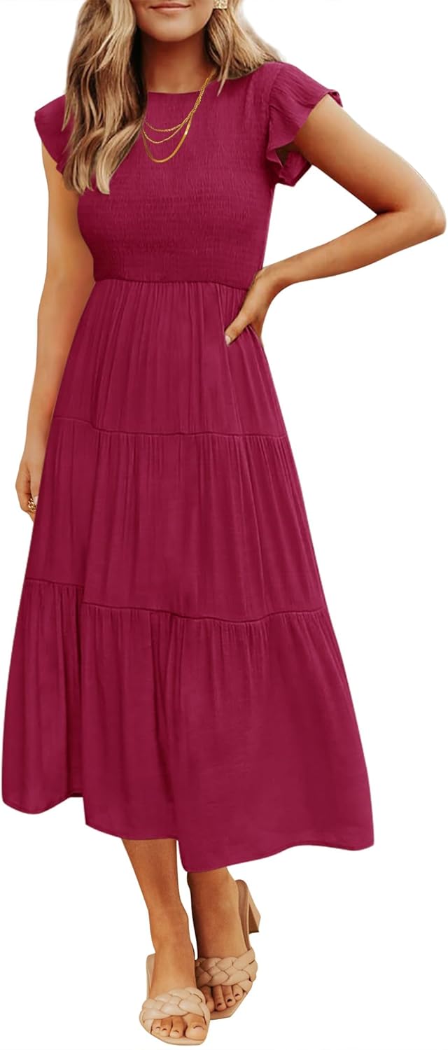 ZESICA Women's Casual Flutter Sleeve Midi Dress for Summer Fun
