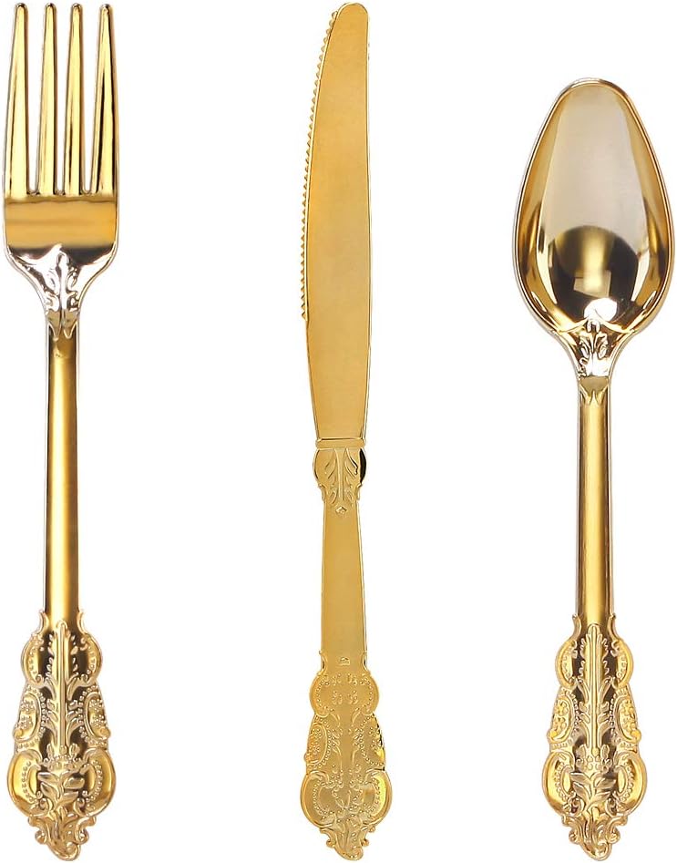 WDF 300 Pieces Gold Plastic Silverware for Elegant Events