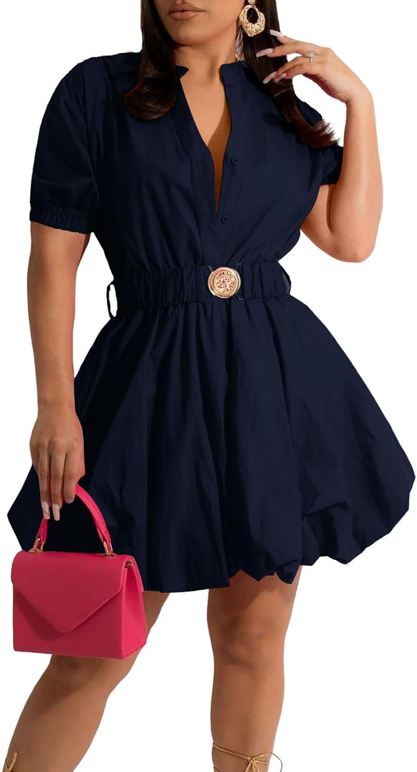 ENOPINK Womens Mini Dress Puff Sleeve High Waist Party Wear