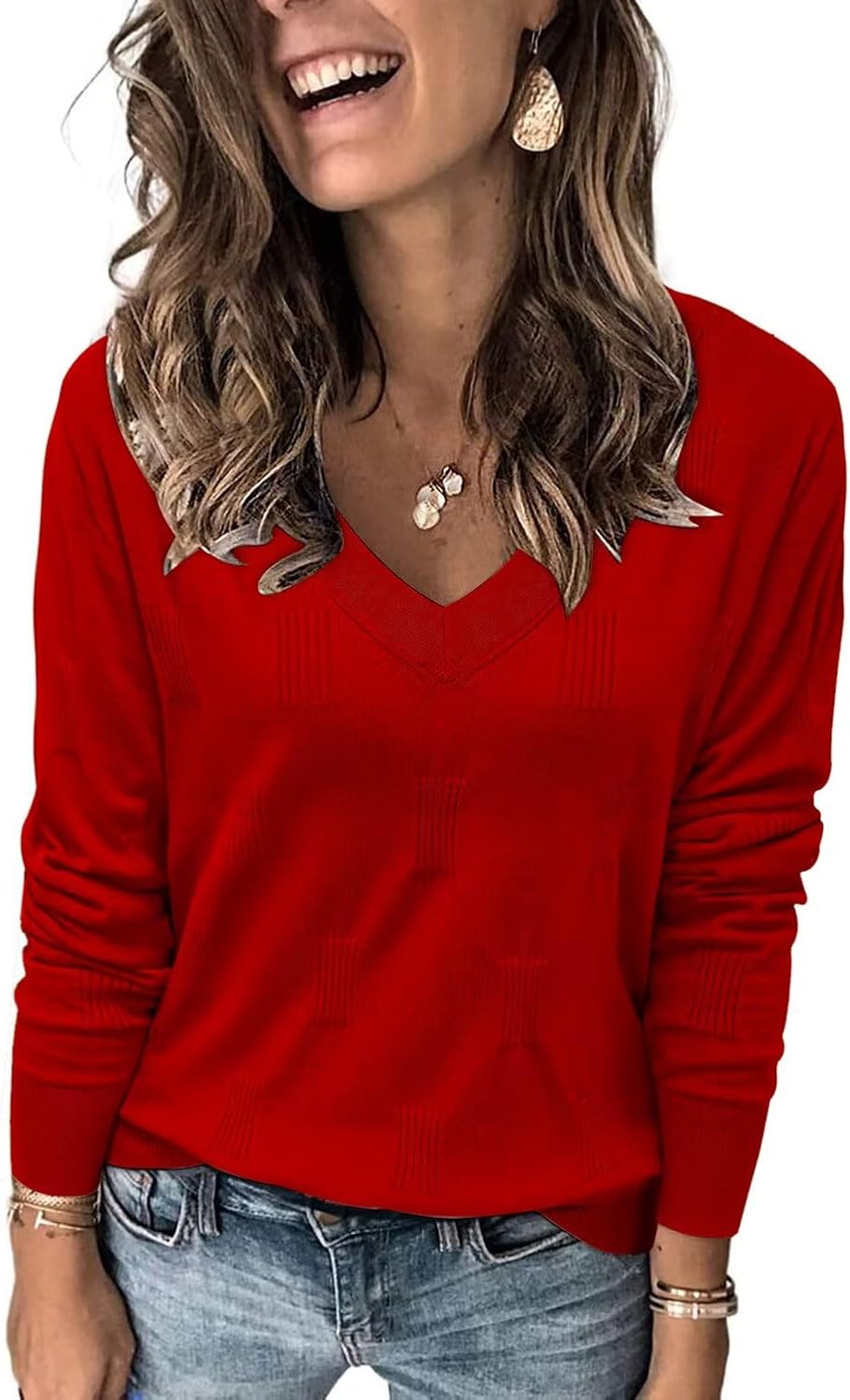 FEKOAFE Womens V Neck Sweaters Casual Pullover for Trendy Style