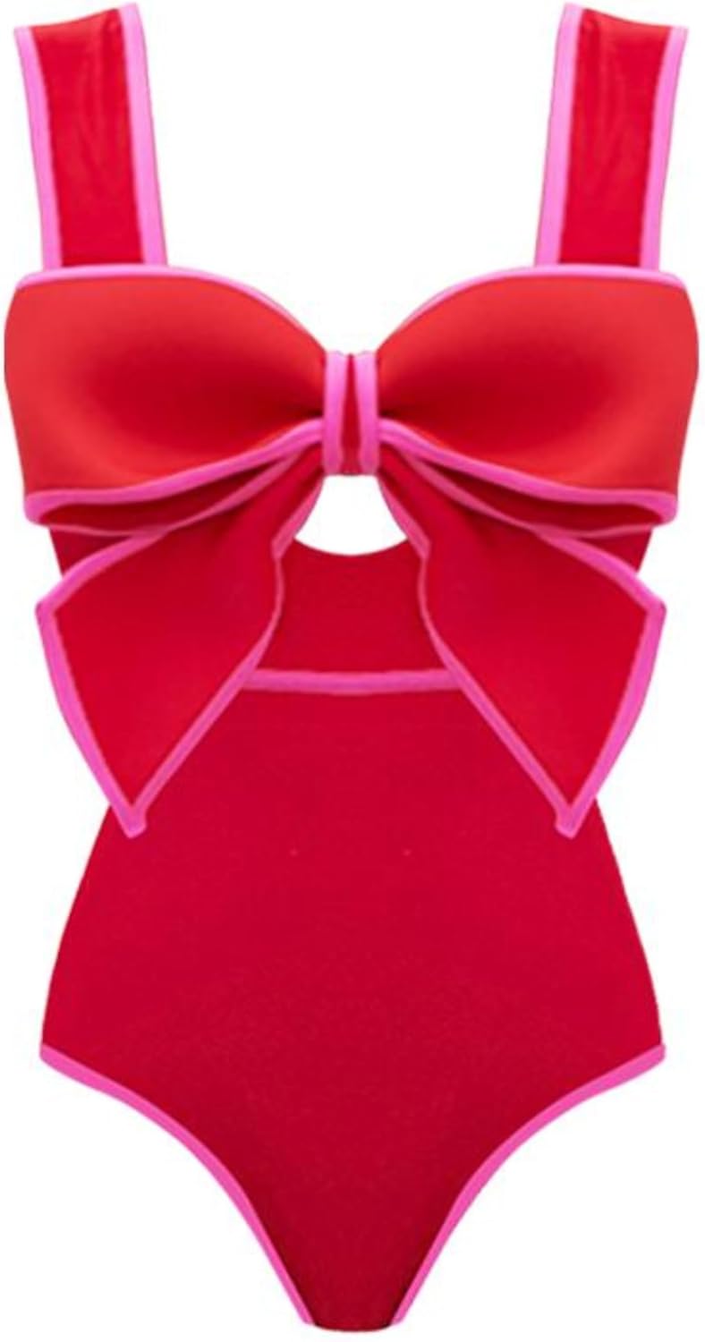 FLAXMAKER Bow Front Cut Out Color Block One Piece Swimsuit