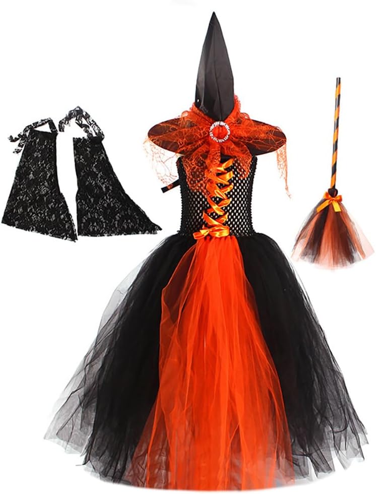 IBAKOM Girls' Witch Dress with Bat Sleeves and Broomstick