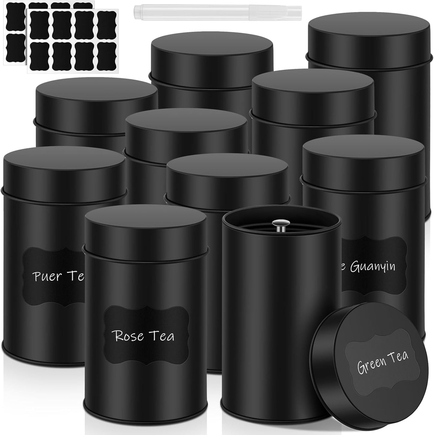 10 Pcs Airtight Tea Tin Canisters with Chalk Marker and Stickers
