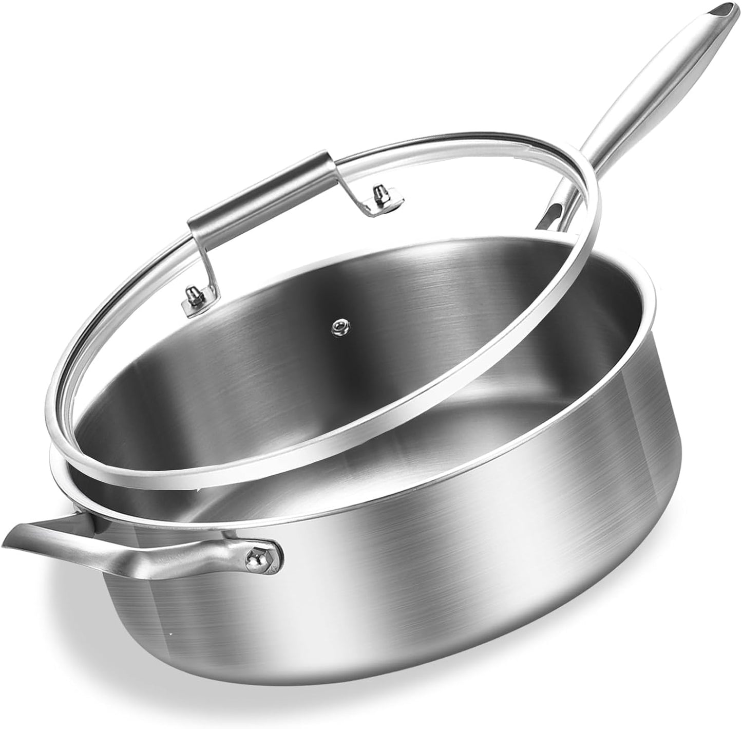 Inqibee Tri-Ply Stainless Steel 8 Quart Saute Pan for All Stovetops