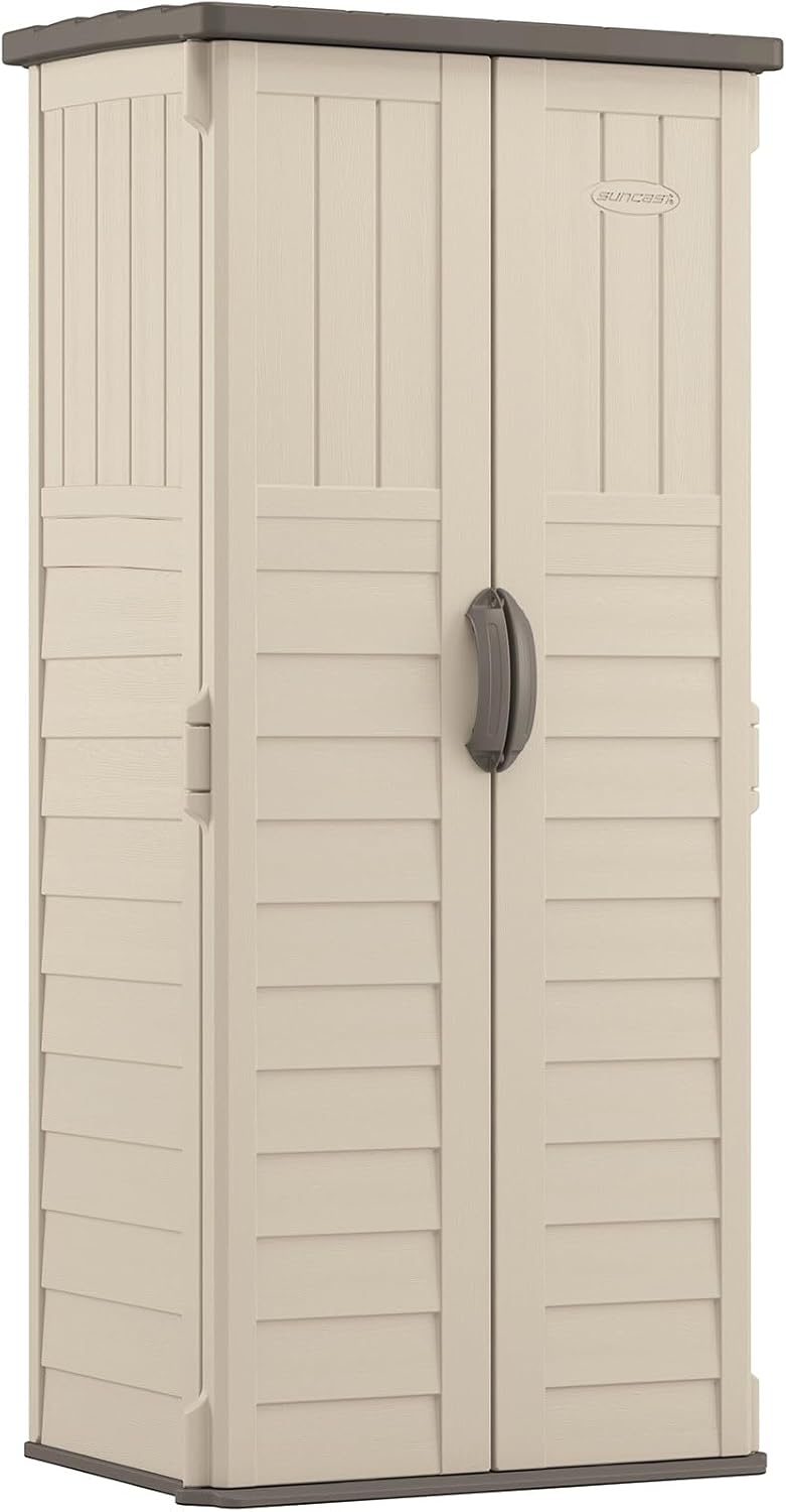 Suncast Vertical Outdoor Storage Shed for Garden Tools and More