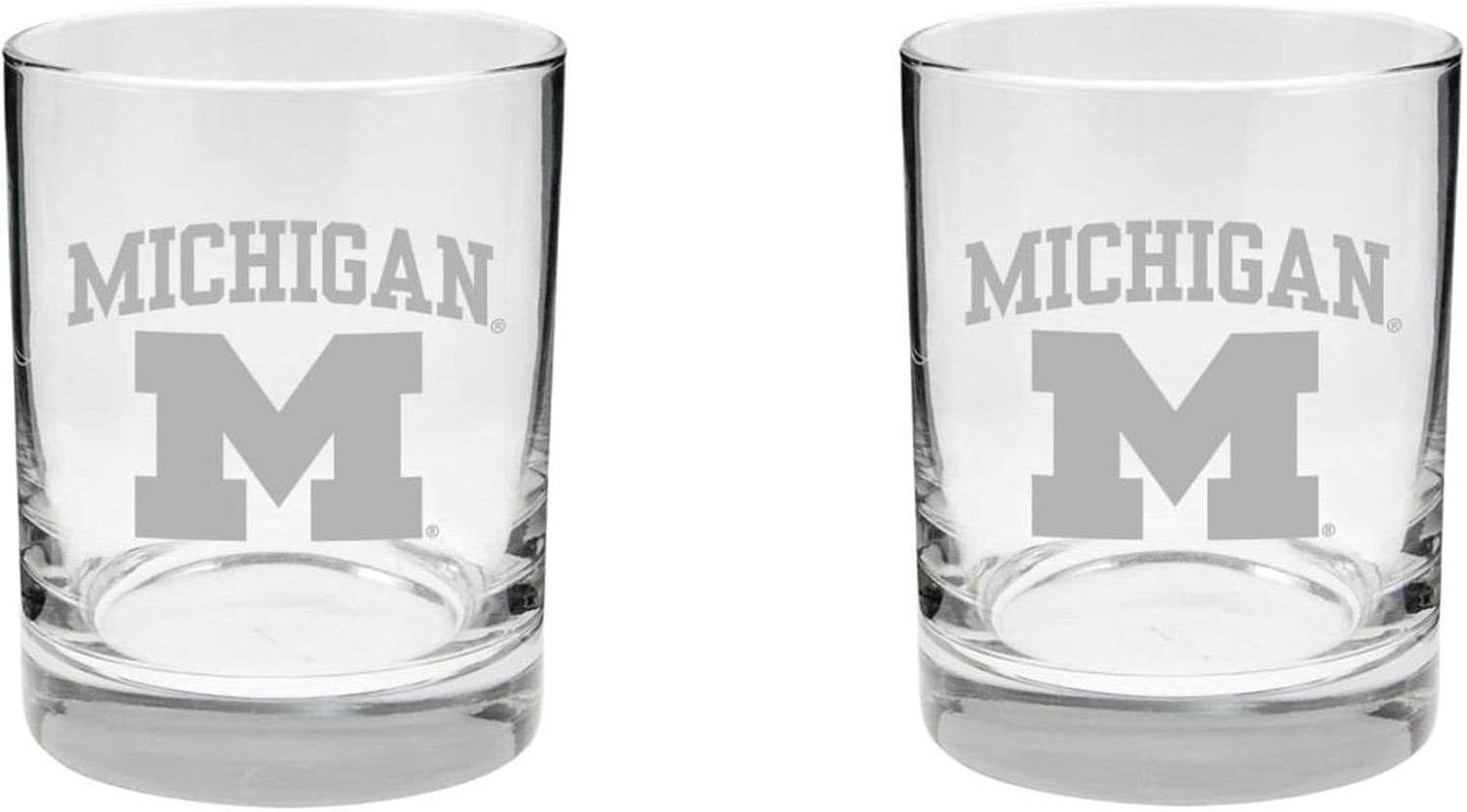 Michigan Wolverines 2-Sided Satin Finish Rocks Glass Set of 2