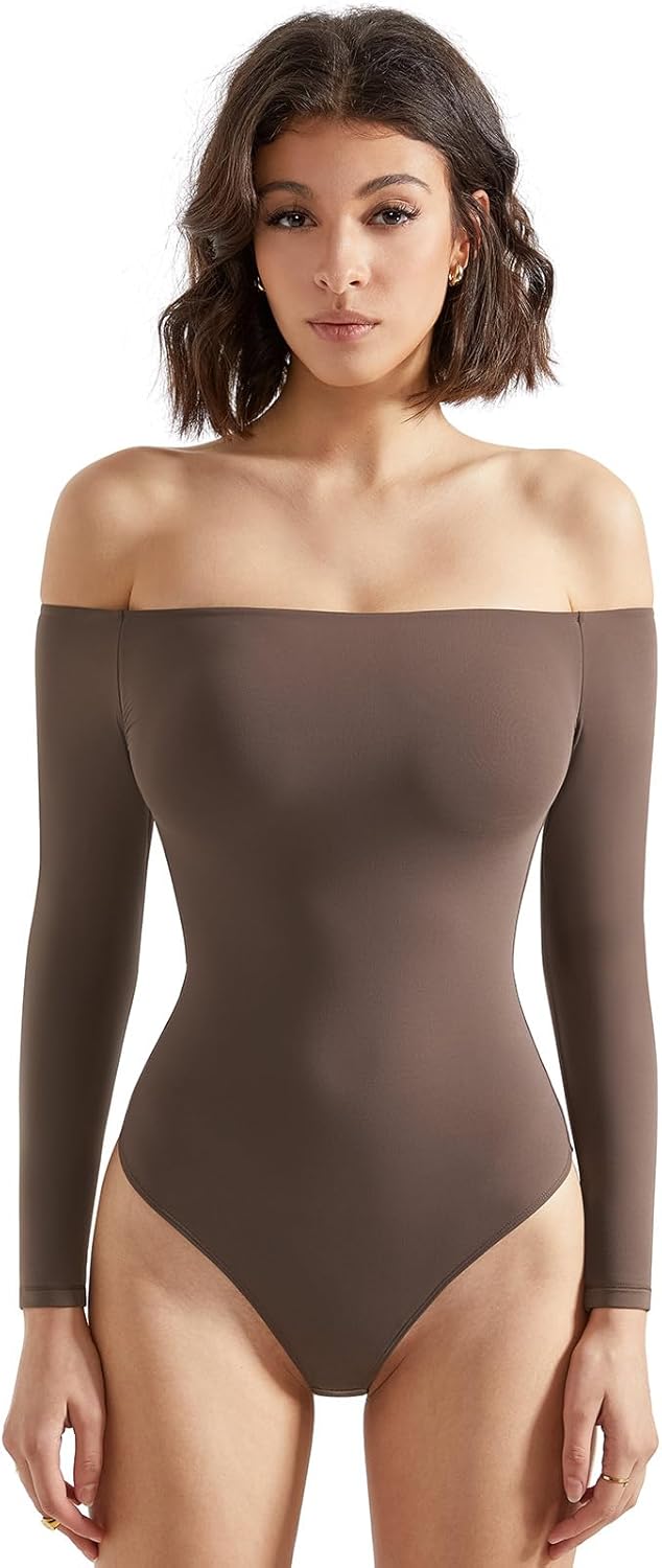 SUUKSESS Off the Shoulder Long Sleeve Bodysuit for Women