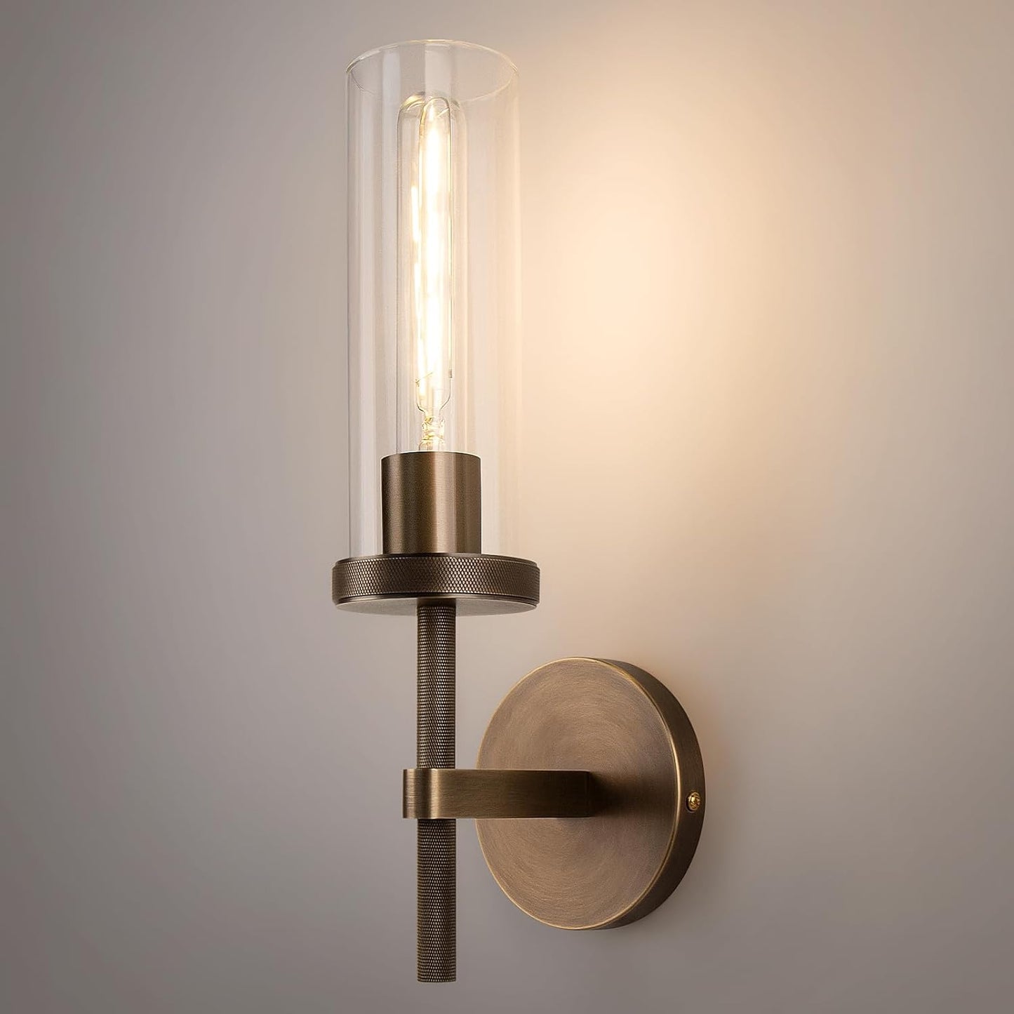 15 Knurled Brass Wall Sconce with Clear Glass Tube for Home
