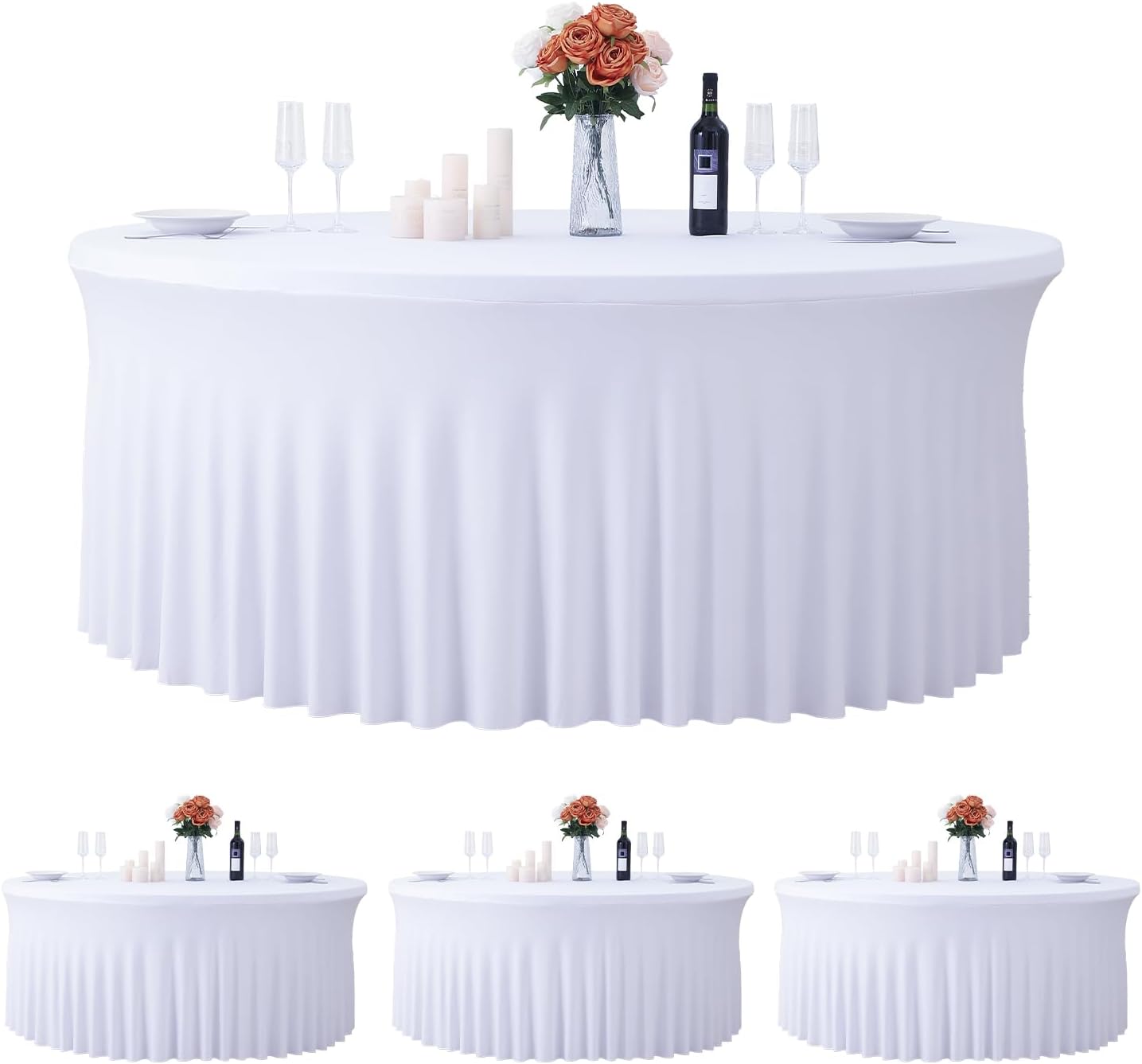 120 Inch Round Tablecloths for 5 FT Tables - 4 Pack White Cloths