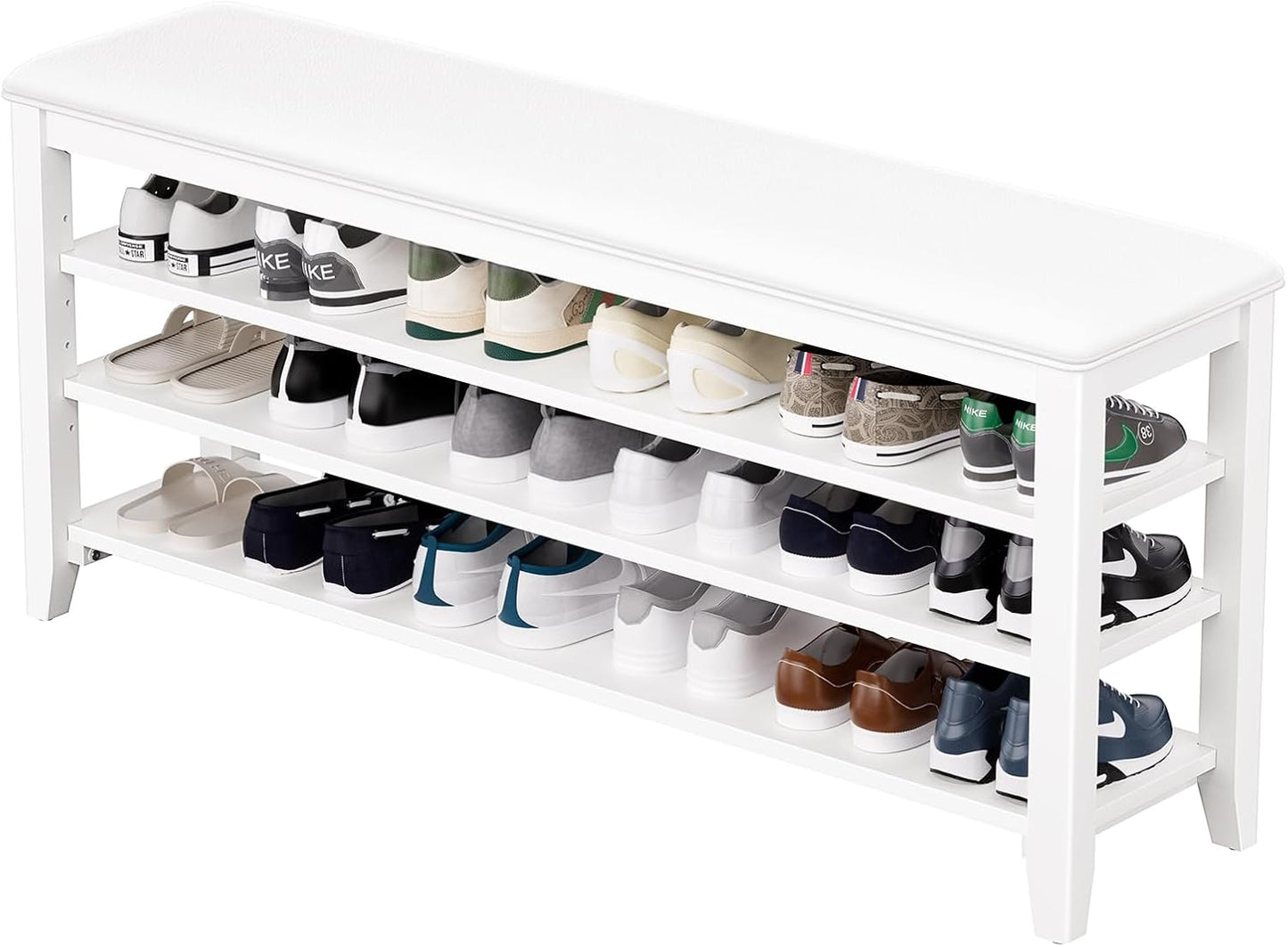 Shoe Bench Storage Rubberwood with Leather Cushion for Entryway