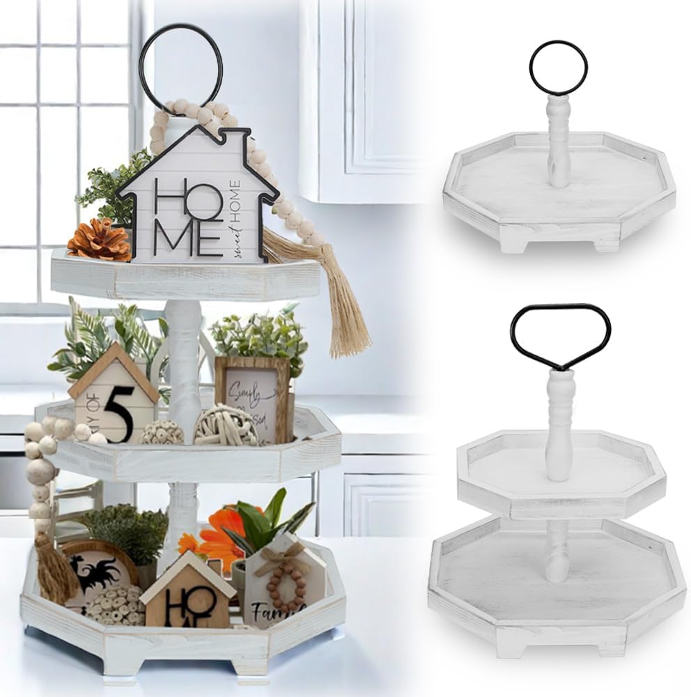 3 Tiered Tray Stand for Home Decor - Rustic White Wooden Design