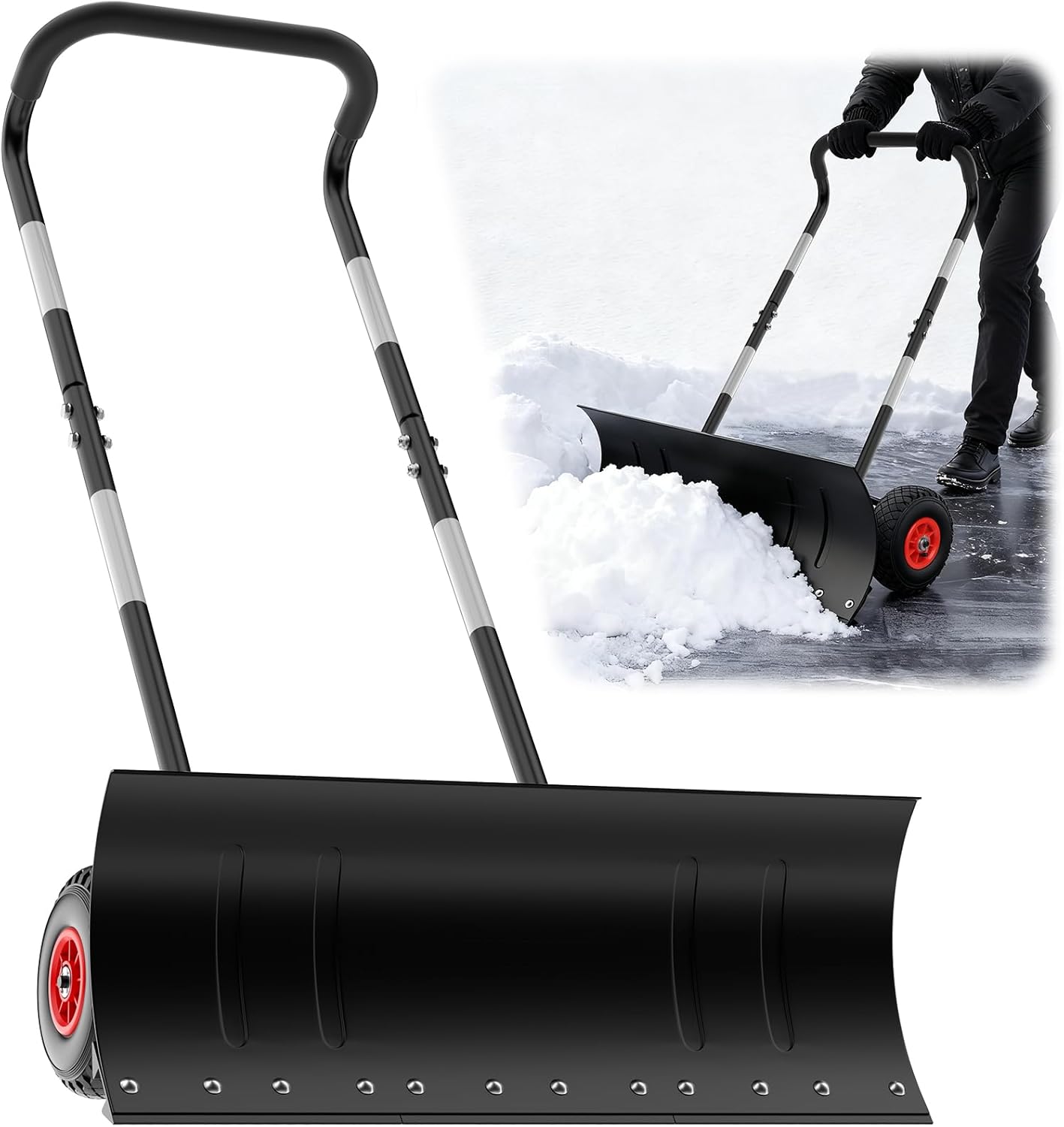 Heavy Duty Steel Snow Shovel Pusher with Wheels for Driveway