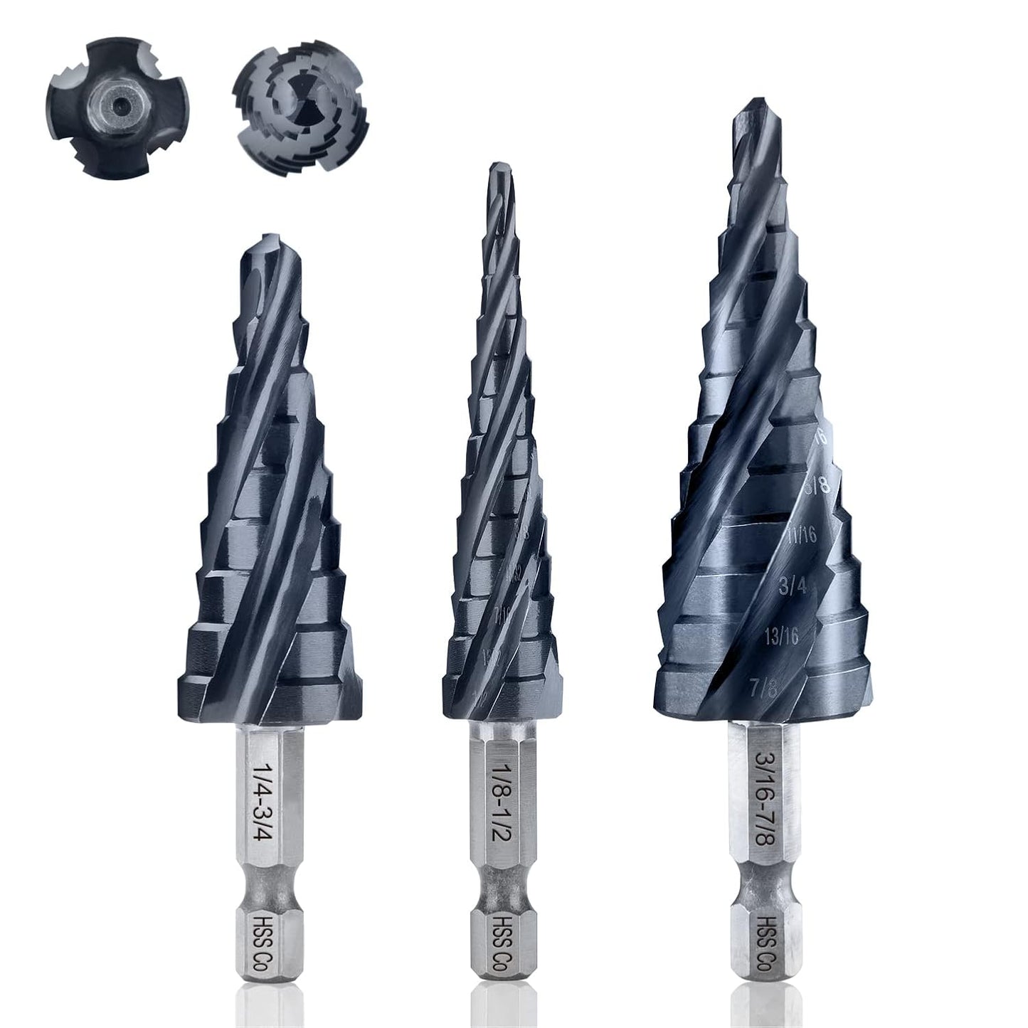 Toolant Four Spiral Flute Cobalt Step Drill Bit Set for Metal