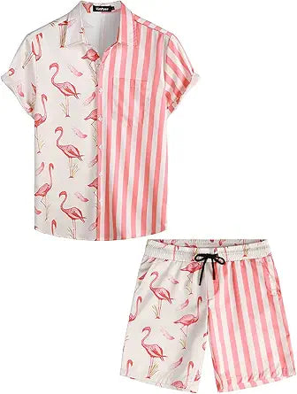 VATPAVE Mens Flamingo Hawaiian Sets for Beach and Casual Wear