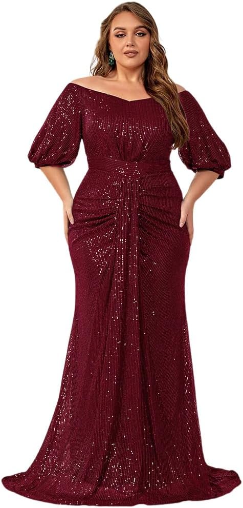 Women's Plus Size Off Shoulder Puff Sleeve Sequin Maxi Dress