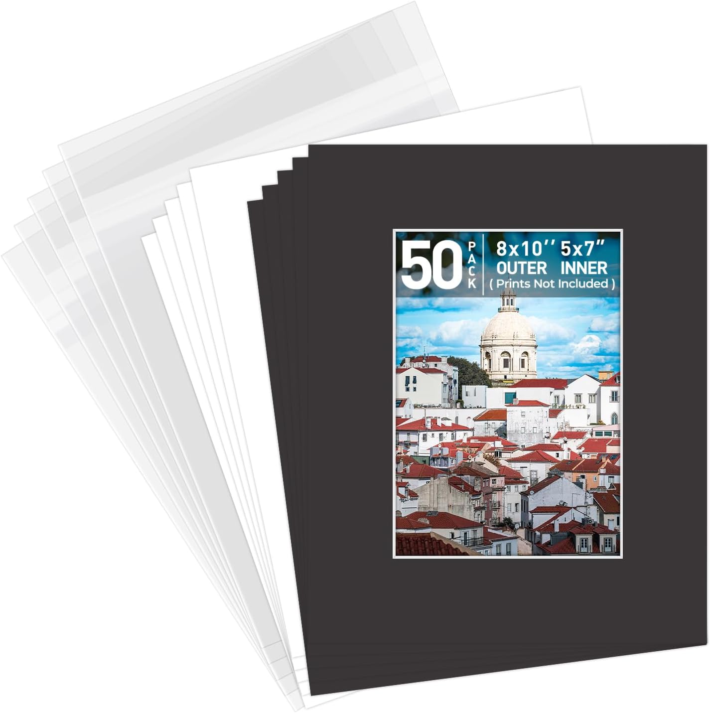 Pack of 50 Black Picture Mats for 5x7 Photos with Backing