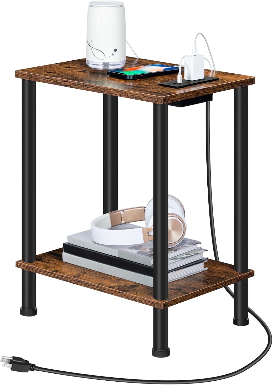 HOOBRO Side Table with Charging Station and 2-Layer Storage