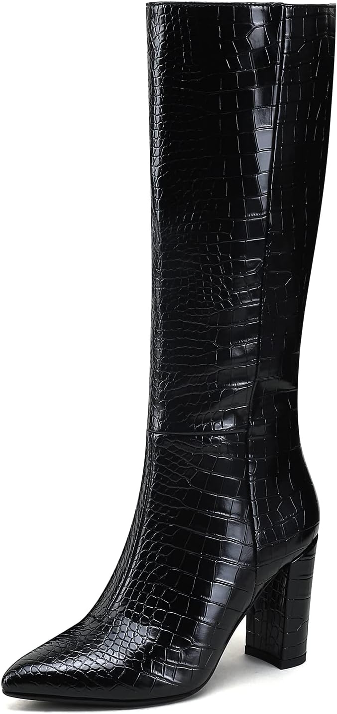 Knee High Women's Riding Boots - Stylish Faux Crocodile Design