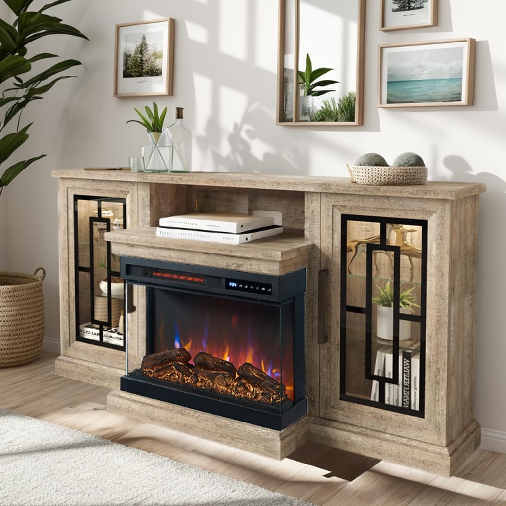 Modern Grey Wash TV Stand with 3-Side Fireplace