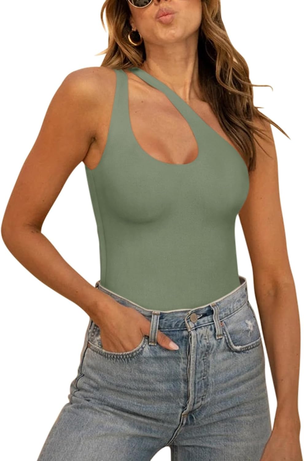 Trendy Sexy Plunge One Shoulder Bodysuit for Women