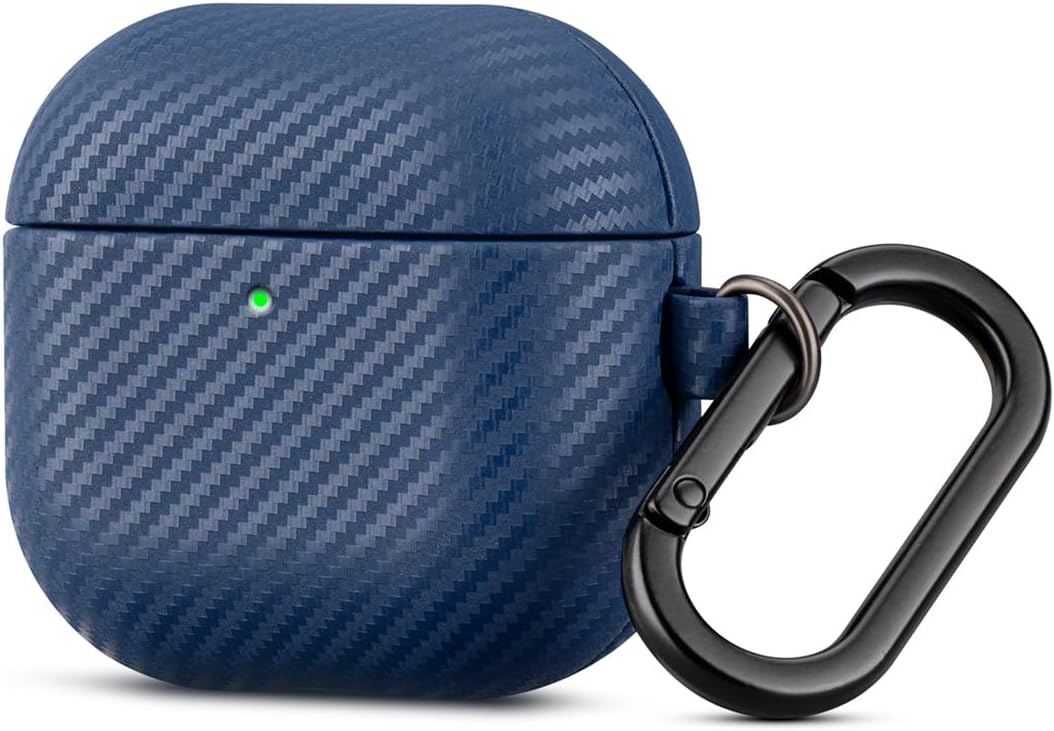 Leather Case for AirPods 4 with Keychain - Blue Carbon Fibre