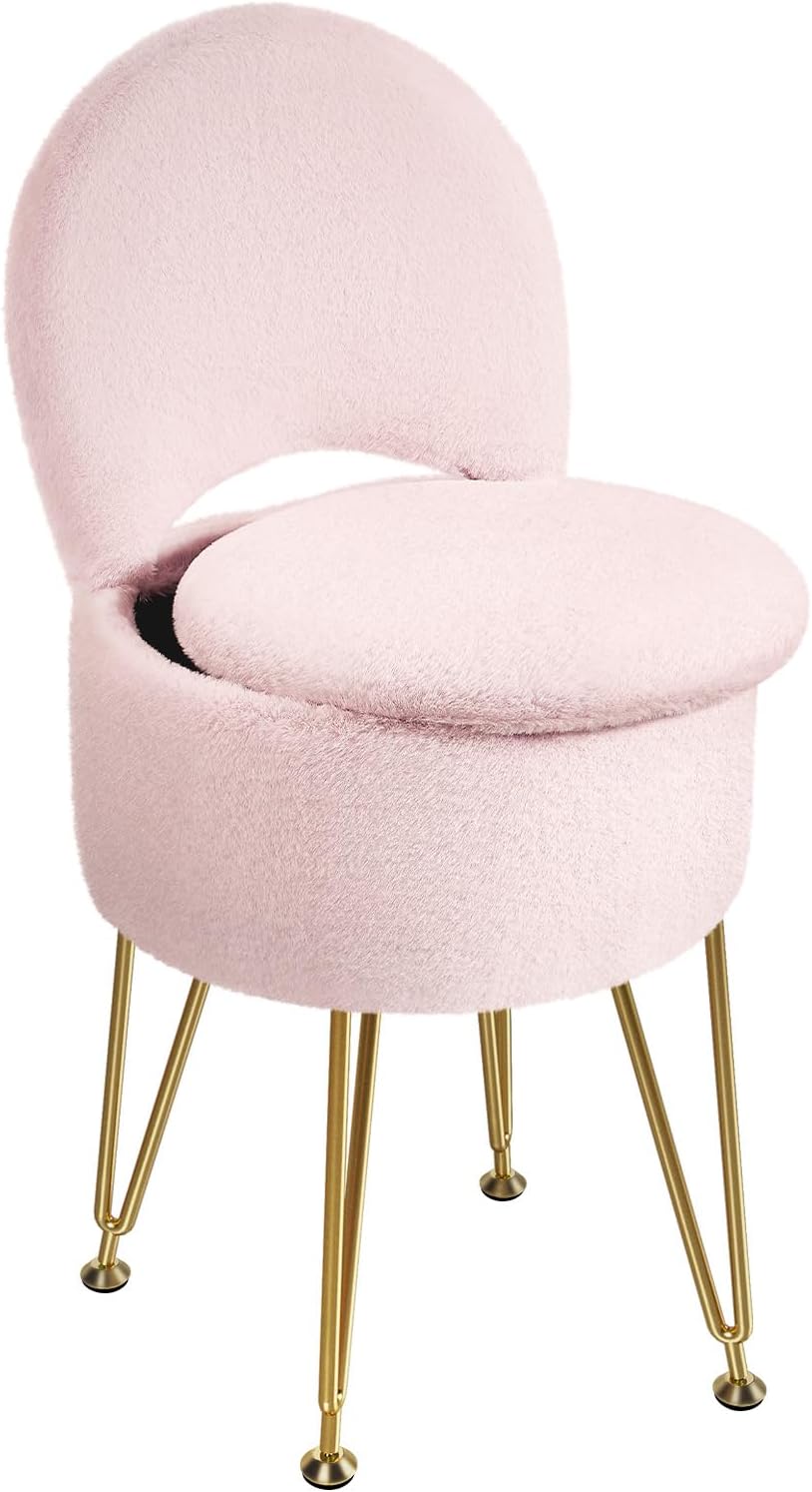 Faux Fur Vanity Stool Chair with Storage and Folding Backrest