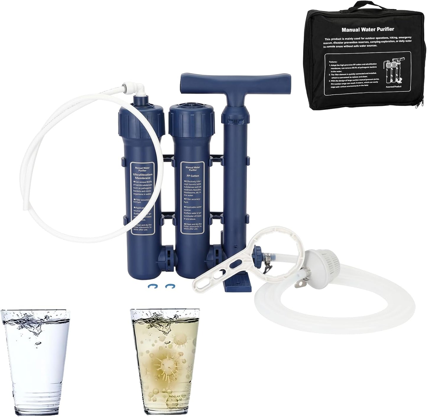 99.999% Purification Hand Pump Water Filter - Portable Camping Power