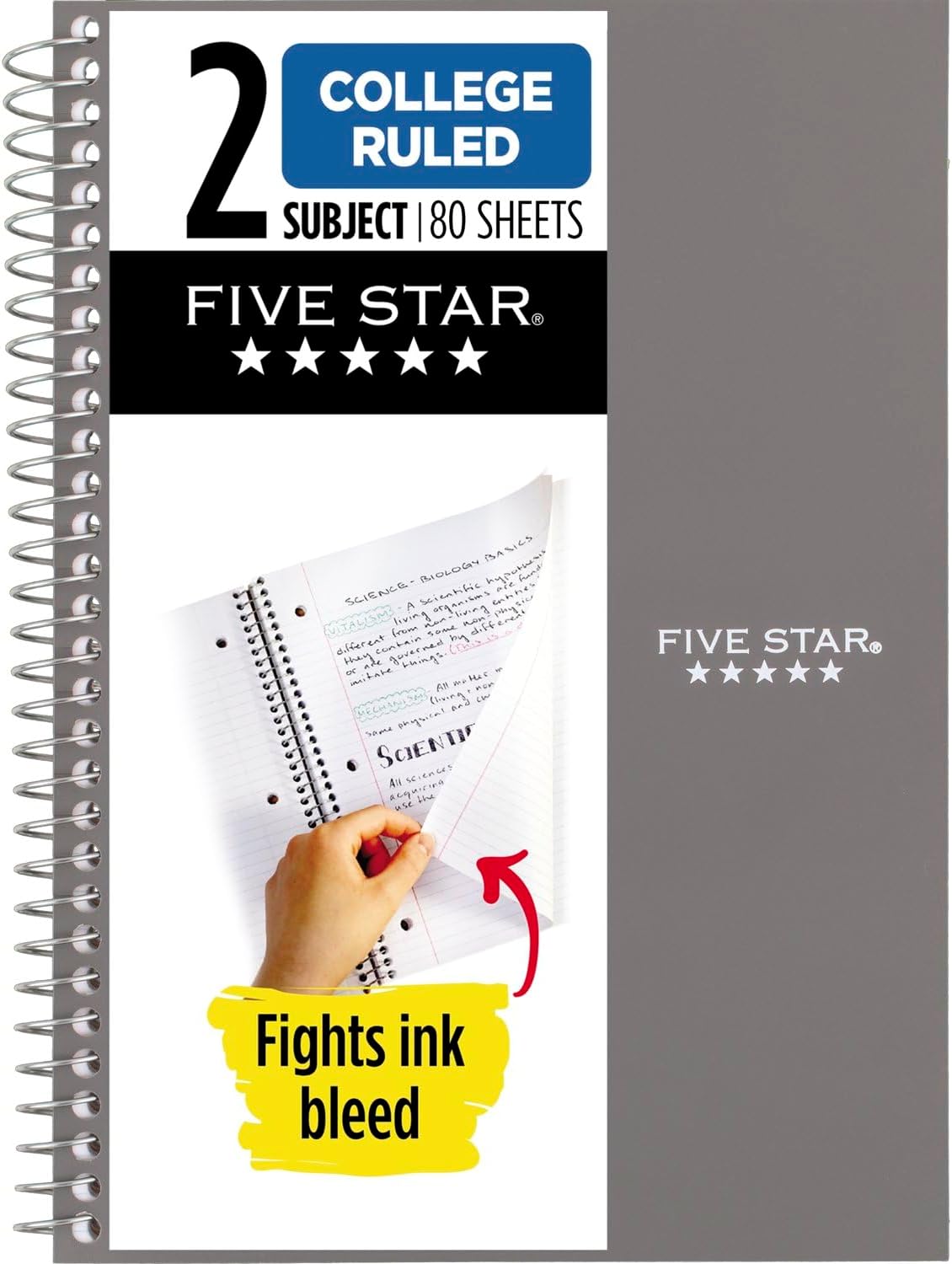 Five Star Spiral Notebook, 2 Subject, College Ruled, 80 Sheets, Compact Size, Gray