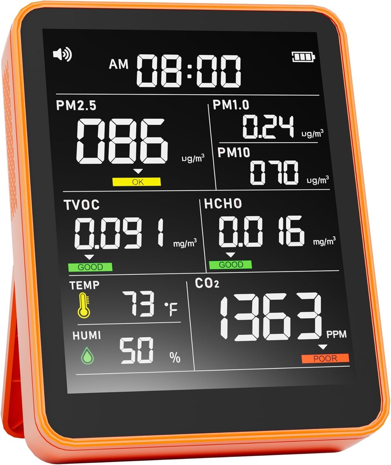Clean Air Pro: 9-in-1 Monitor - CO2, PM, Temp, Formaldehyde Tester - Space Guru - Sun Orange